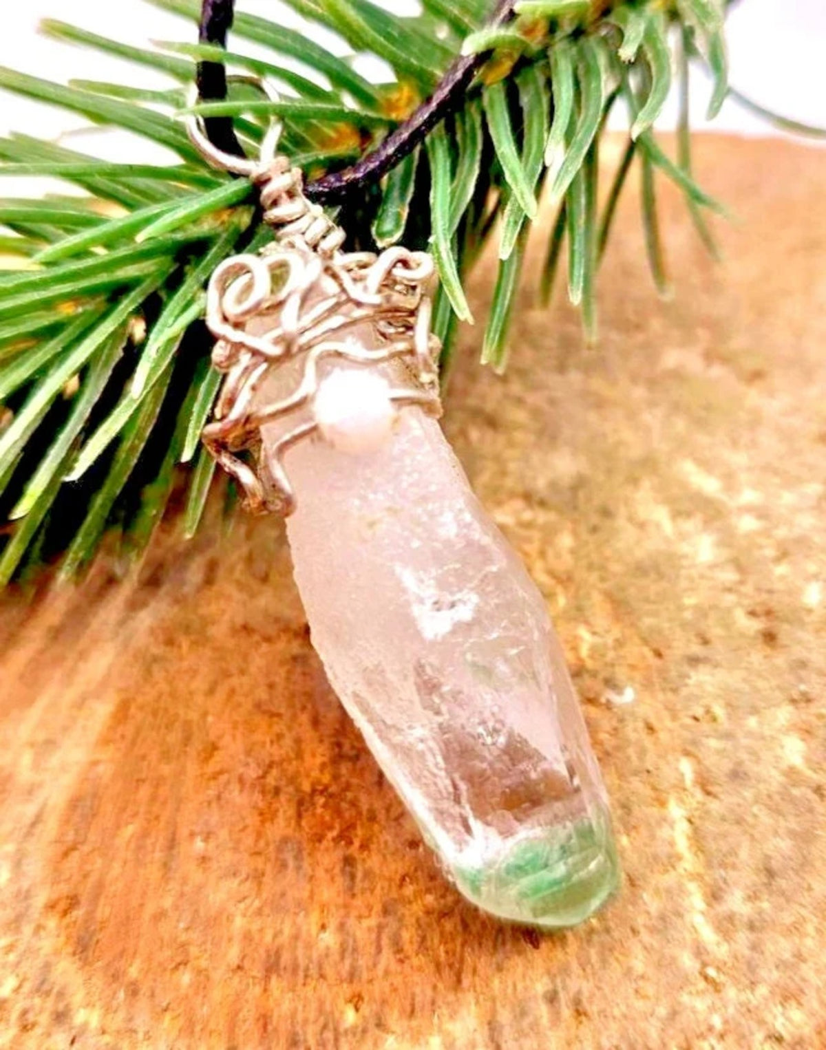 Green Phantom Quartz Long Point Wire Wrapped Pendant Necklace HD