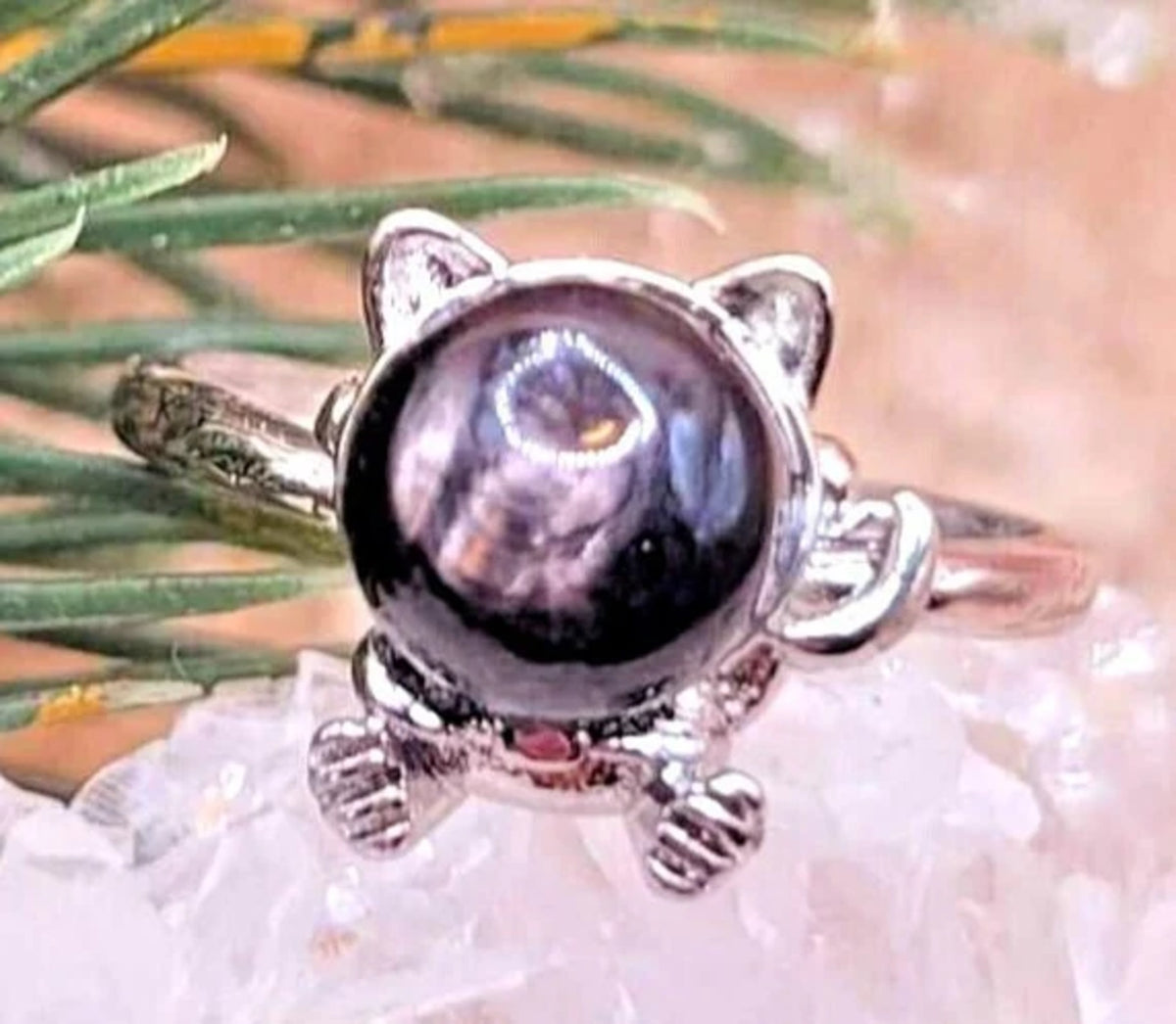 Hypersthene Cat Eye Flash Silver Cat Design Adjustable Ring HD