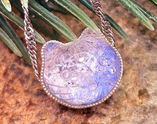 Rare Nature Blue Rutilated Crystal Hand Carved Kitty S925 Charm Pendant Necklace