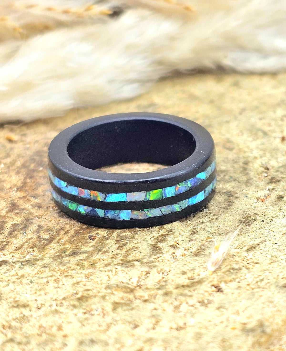 Black minimalist ring with natural flashy opal inlay — My Aura Gemstones