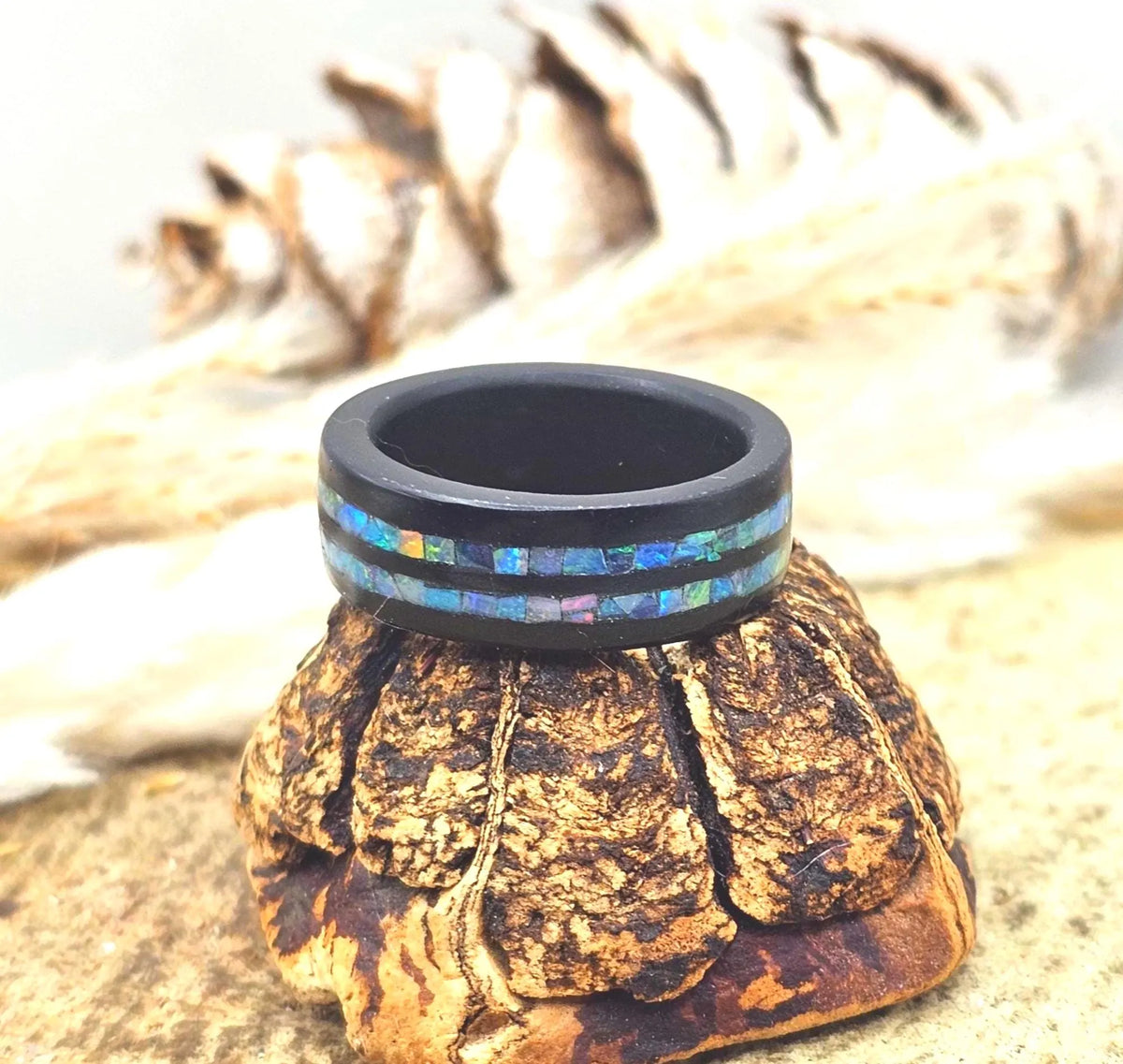 Black minimalist ring with natural flashy opal inlay — My Aura Gemstones