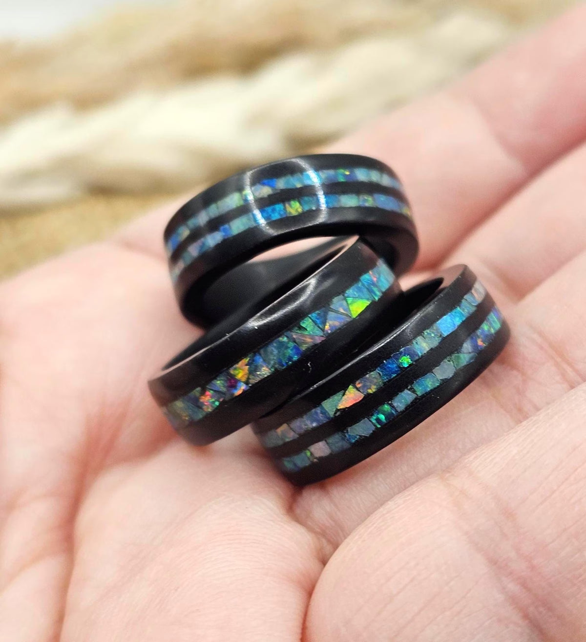 Black minimalist ring with natural flashy opal inlay — My Aura Gemstones