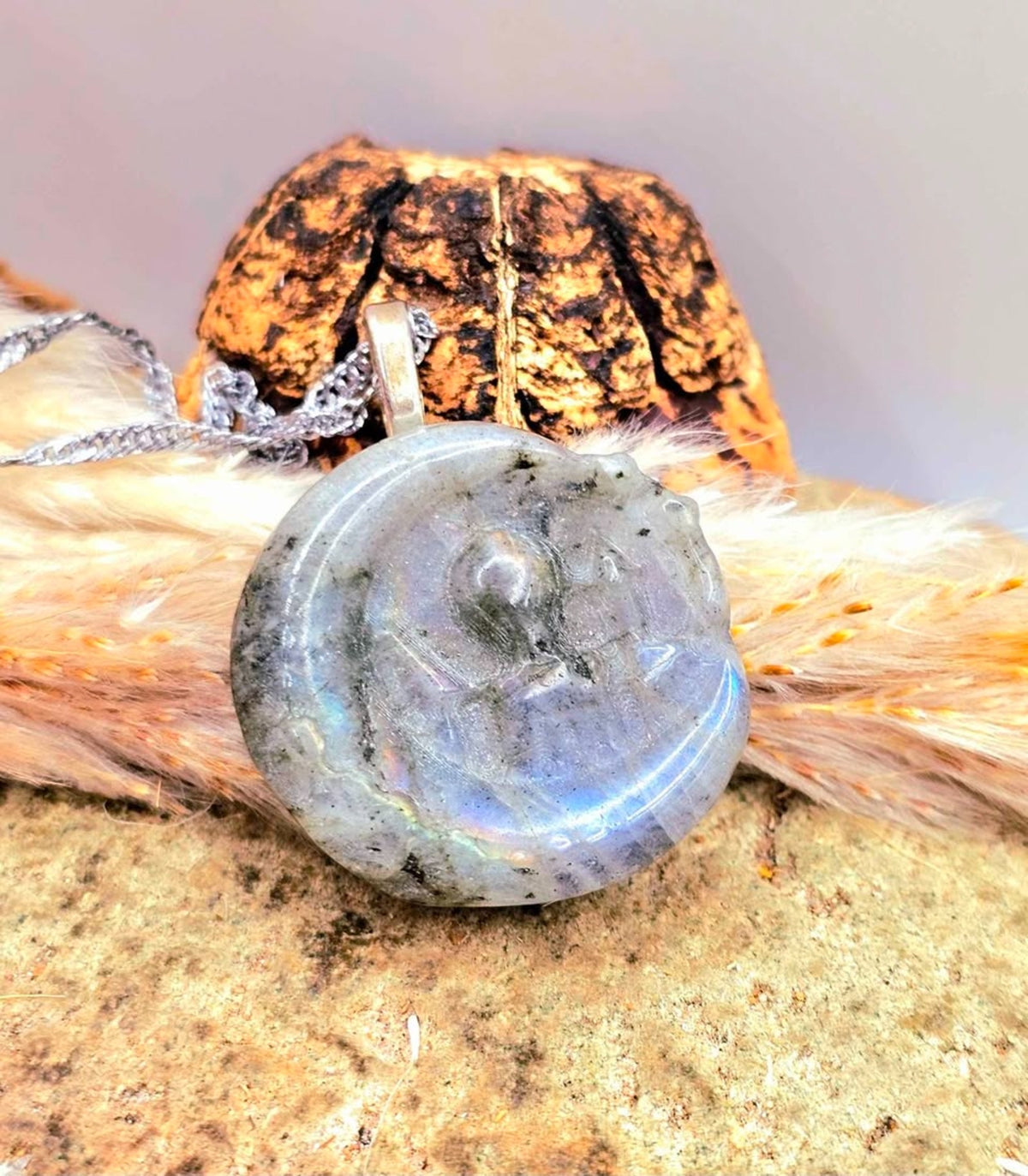 Natural Labradorite Rainbow Flash Carved Castle On Moon Pendant Necklace HD