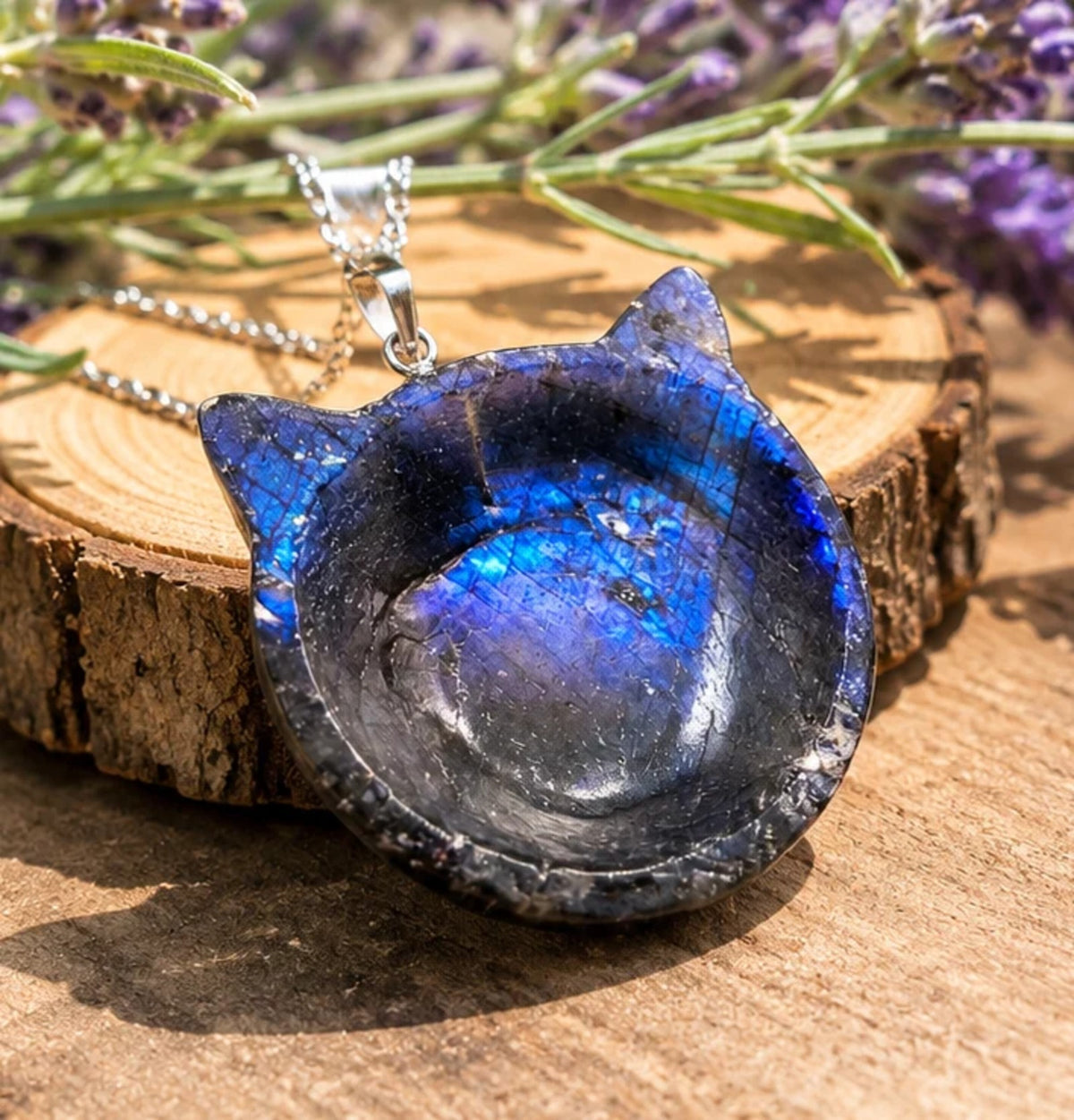 Natural Labradorite Carved Flashy Cat Dish Pendant Necklace HD