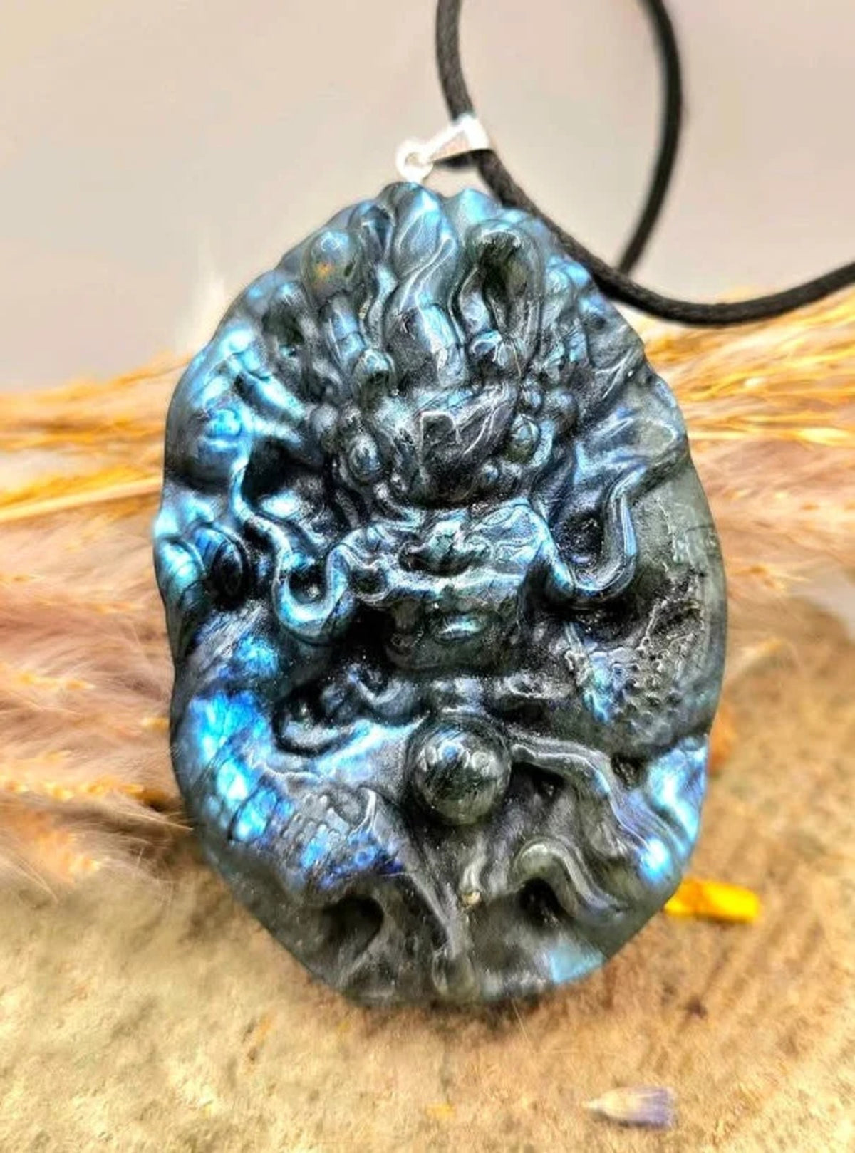 Natural Labradorite Carved Flying Oriental Dragon with Pearl Statement Pendant Necklace HD