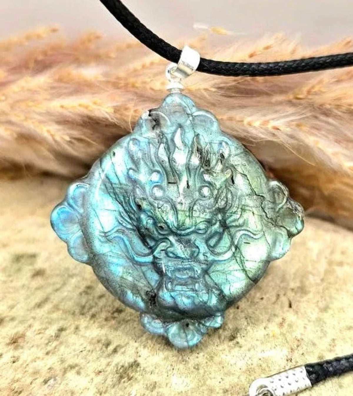 Natural Labradorite Carved Oriental Dragon and Sun Pendant Necklace HD