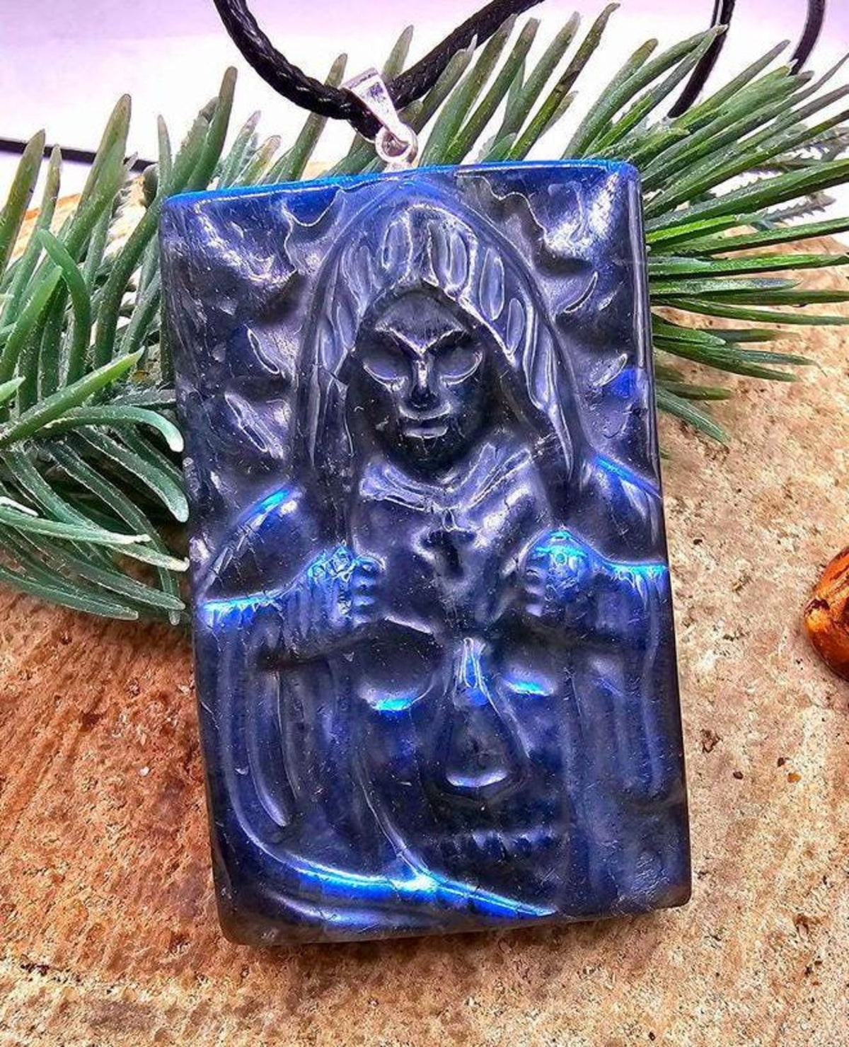 Natural Labradorite Carved Flashy Hidden Evil Monk Pendant Necklace HD