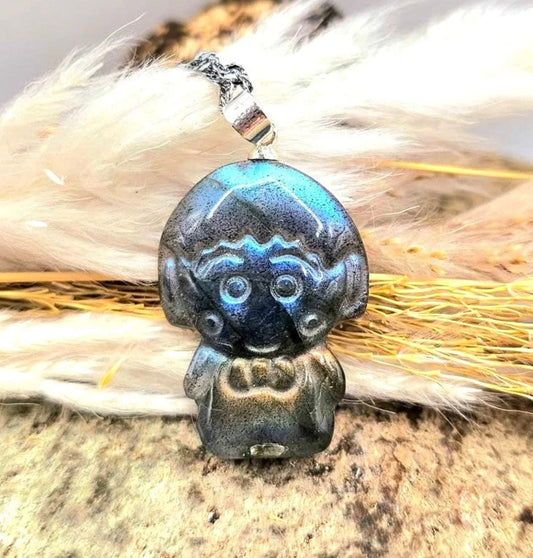Natural Labradorite Carved Makura Pendant Necklace HD