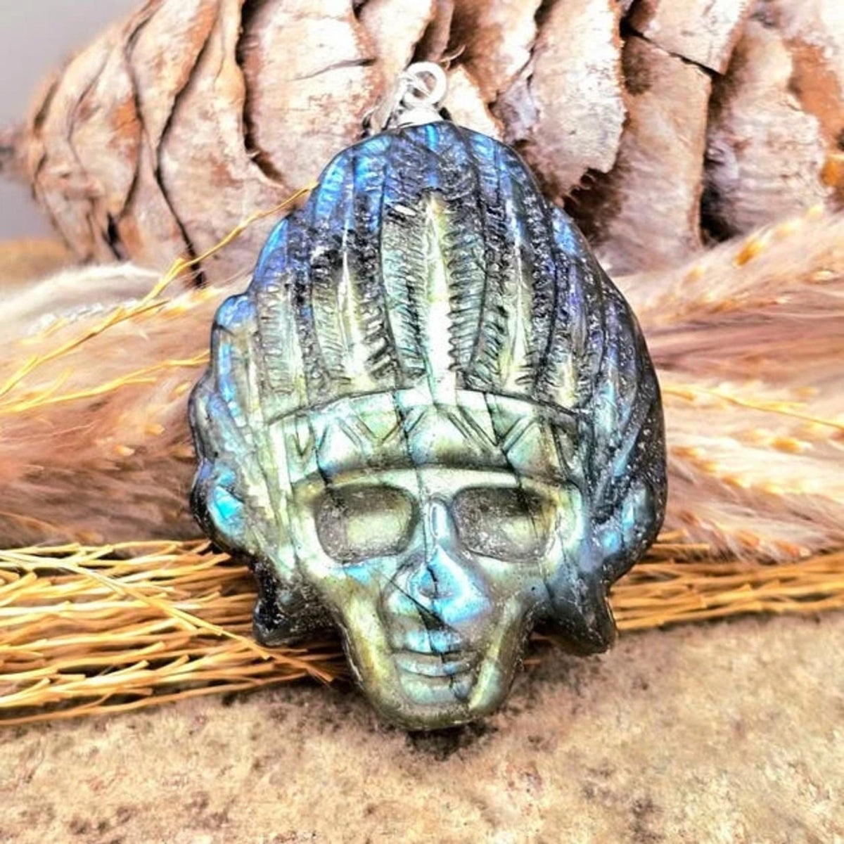 Natural Labradorite Native American Head Skull Pendant Necklace HD