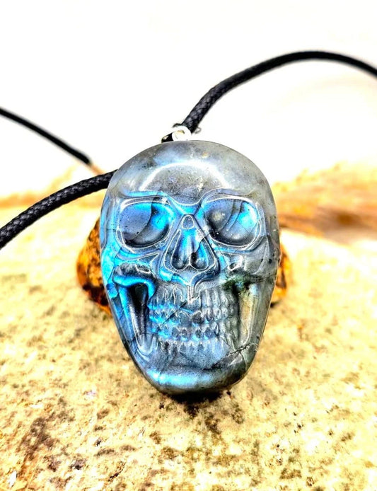 Natural Labradorite Flashy Skull Pendant Necklace