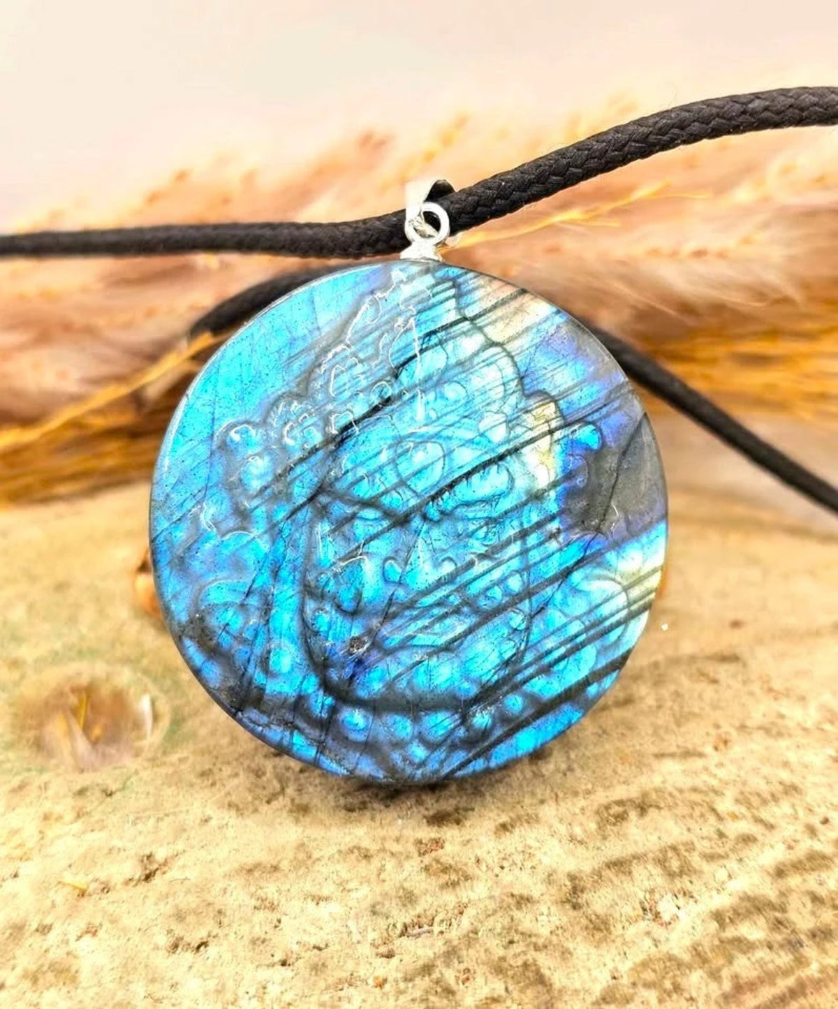 Natural Labradorite Tibetan Buddhism Wrathful Deity Pendant Necklace HD