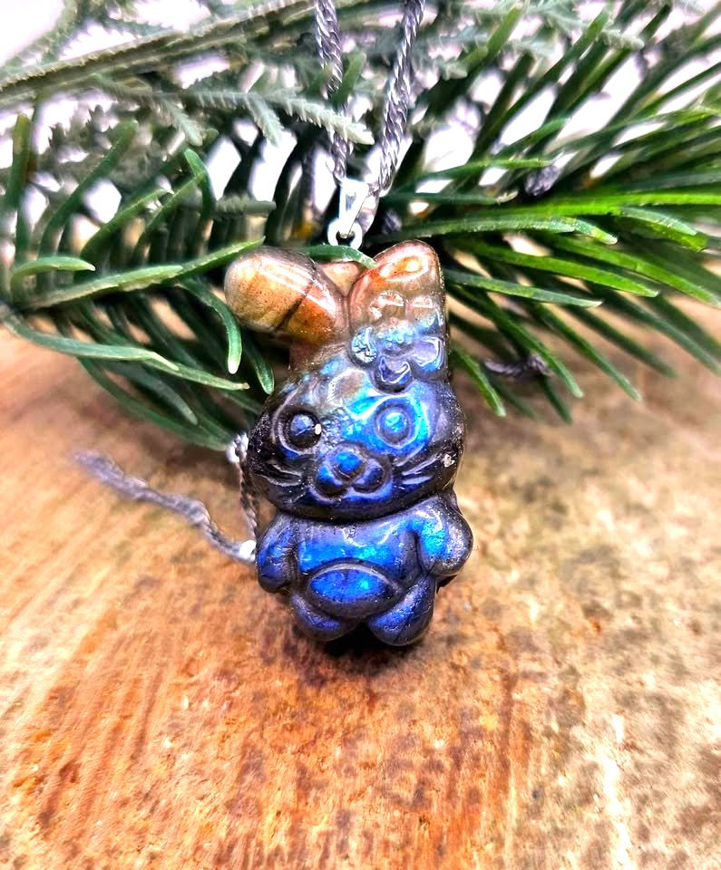 Labradorite cheerful rabbit with flower pendant — My Aura Gemstones