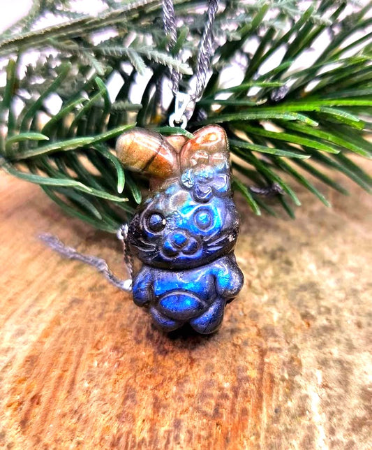 Labradorite cheerful rabbit with flower pendant — My Aura Gemstones
