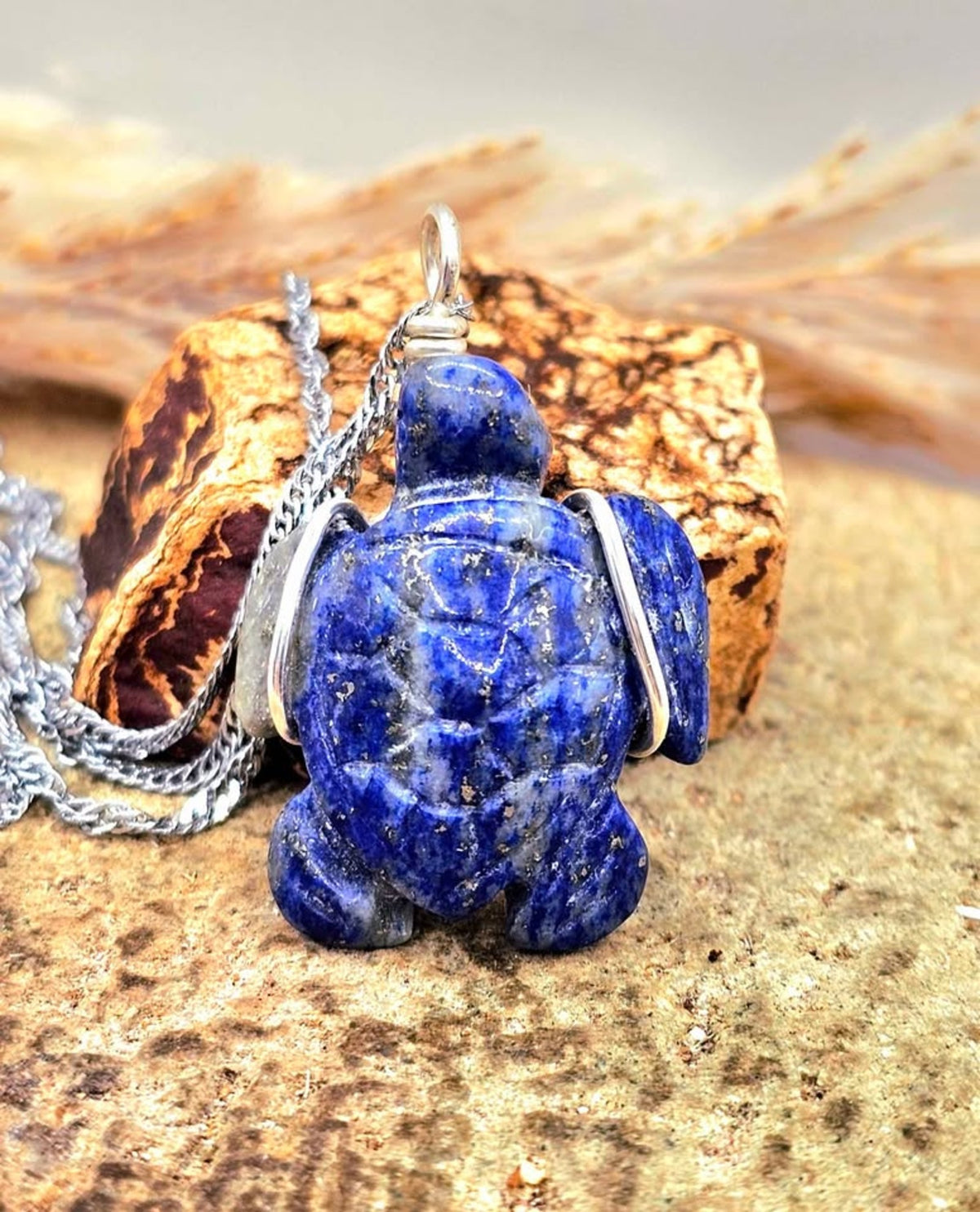 Lapis Lazuli Carved Cute Turtle Wire Wrapped Pendant Necklace HD