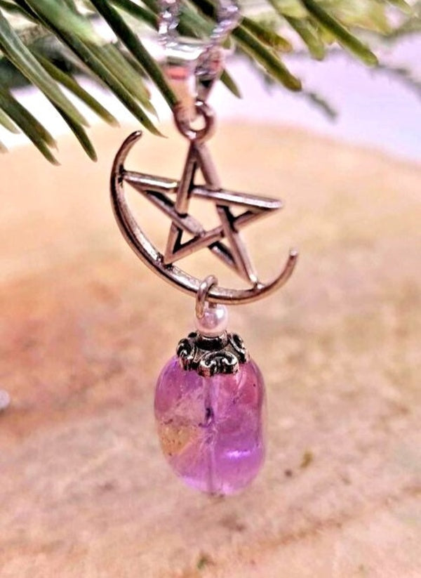 Lavender amethyst star on moon charm pendant necklace stone close-up — My Aura Gemstones