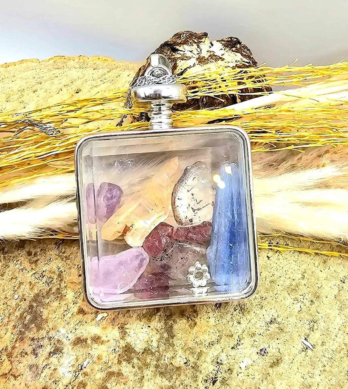 Natural Mixed Crystal Stones Square Floating Pendant Necklace HD