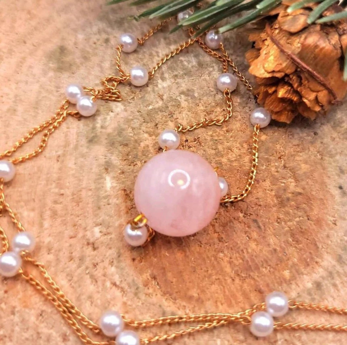 Pink Morganite White Beads Rose Gold Pendant Necklace HD