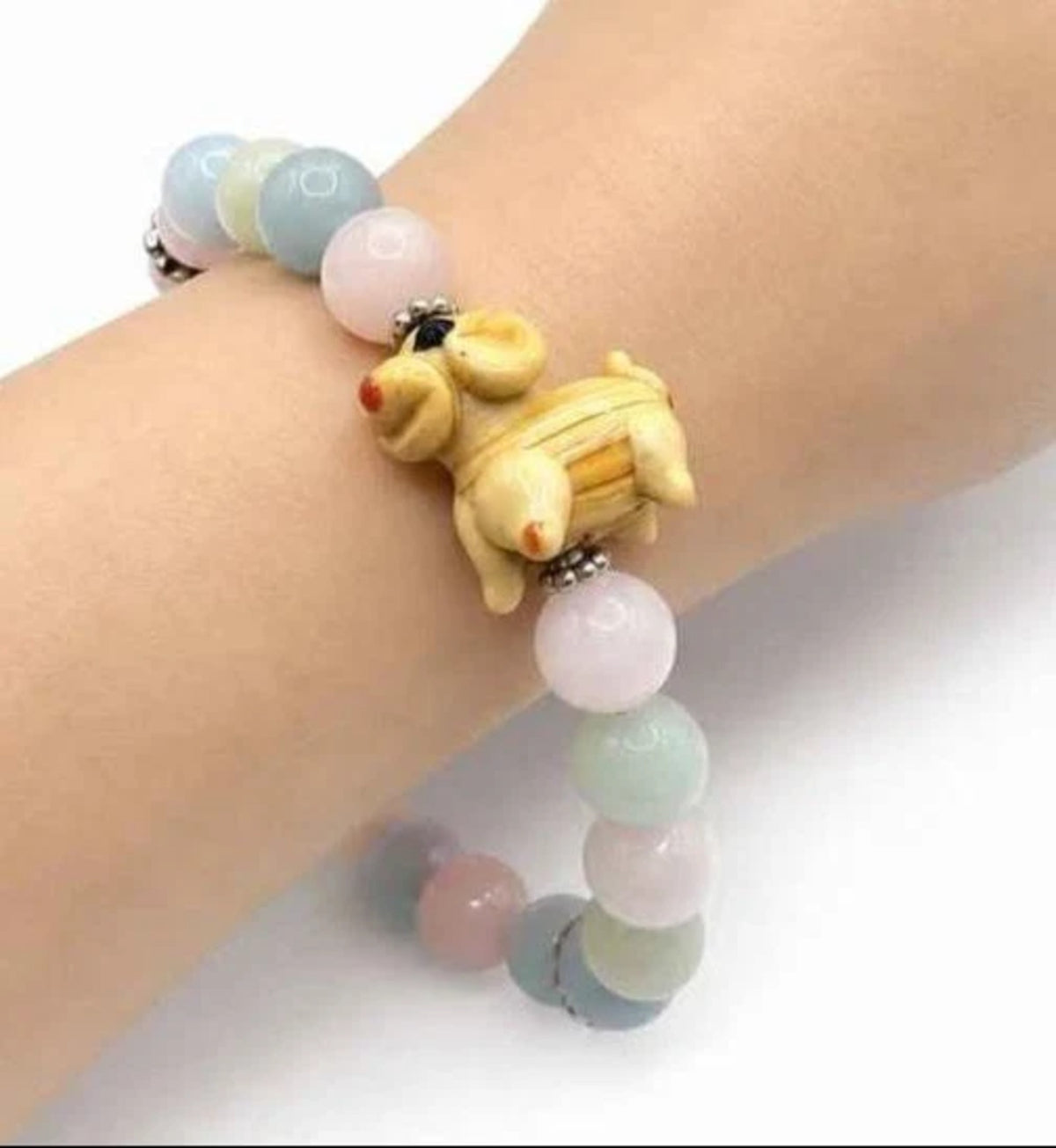 Pastel Morganite Bracelet with Hand-Carved Dog Glass Bead