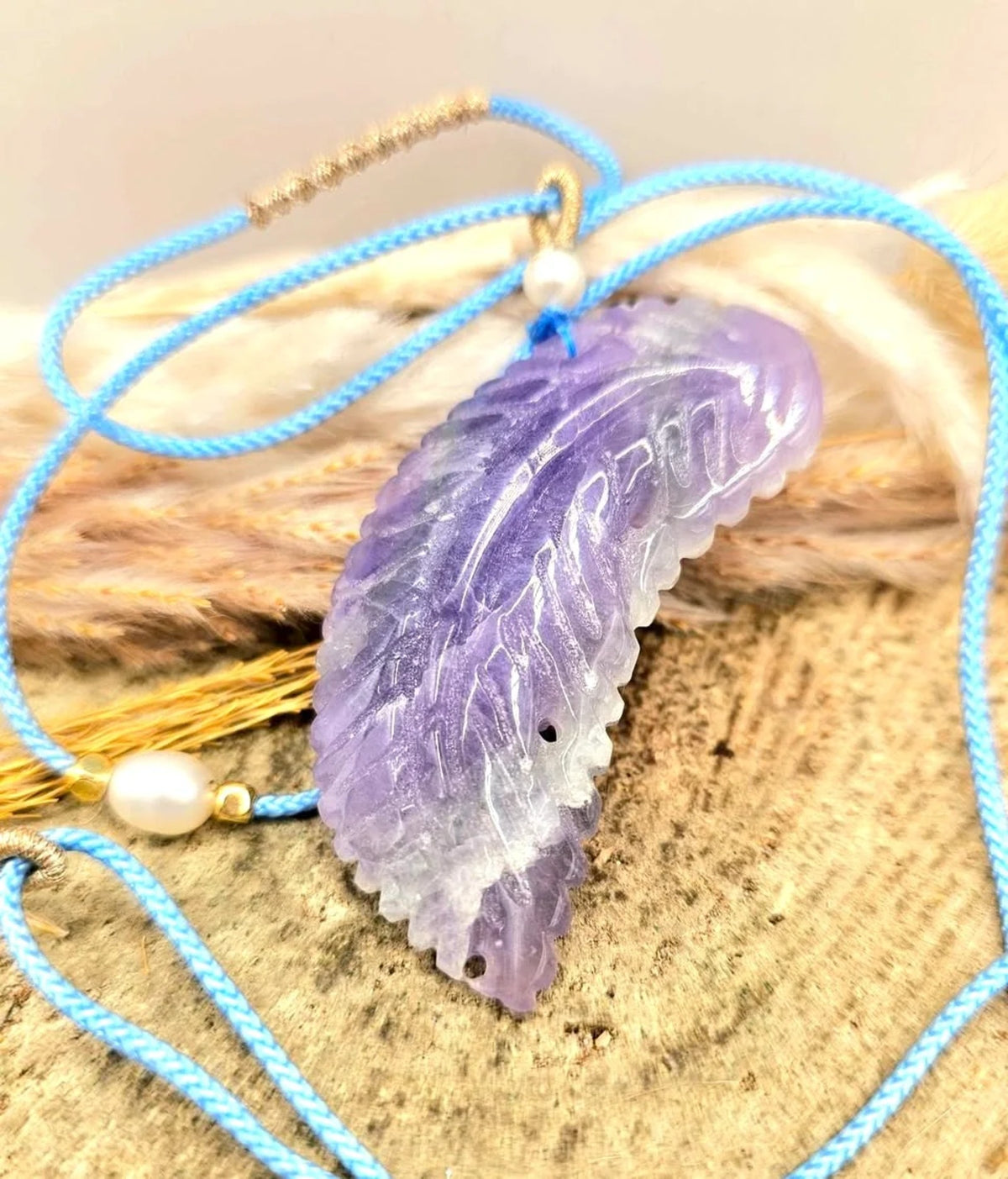 Purple Fluorite Hand Carved Leaf Pendant Necklace HD