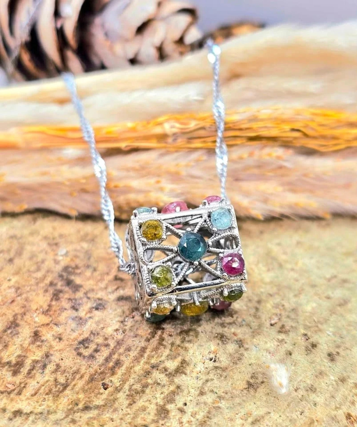 Rainbow Faceted Tourmaline Rectangular Cage Pendant Necklace HD
