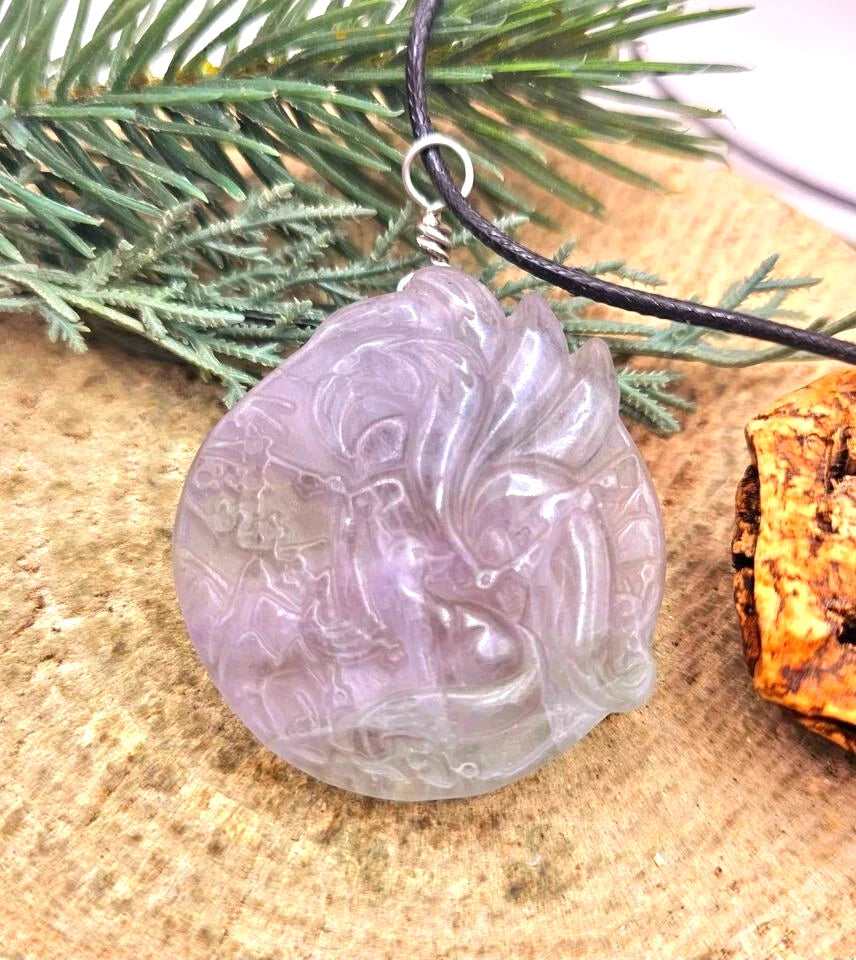 Nature Purple Fluorite Hand Carved Nine Tails Fox Pendant Necklace
