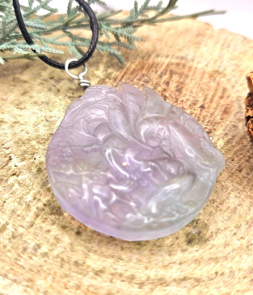 Nature Purple Fluorite Hand Carved Nine Tails Fox Pendant Necklace