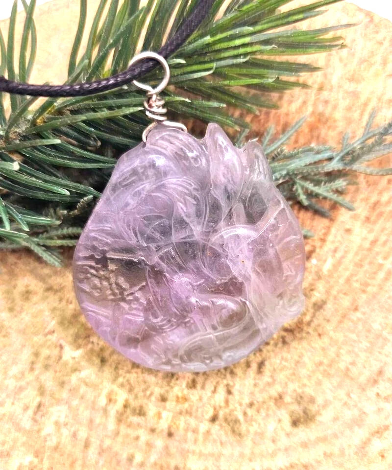 Nature Purple Fluorite Hand Carved Nine Tails Fox Pendant Necklace