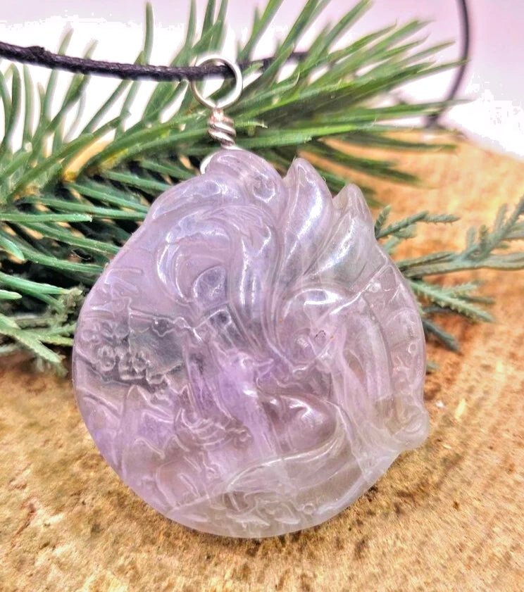 Nature Purple Fluorite Hand Carved Nine Tails Fox Pendant Necklace