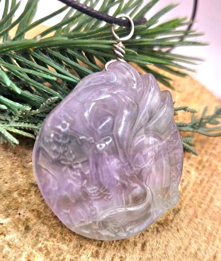 Nature Purple Fluorite Hand Carved Nine Tails Fox Pendant Necklace