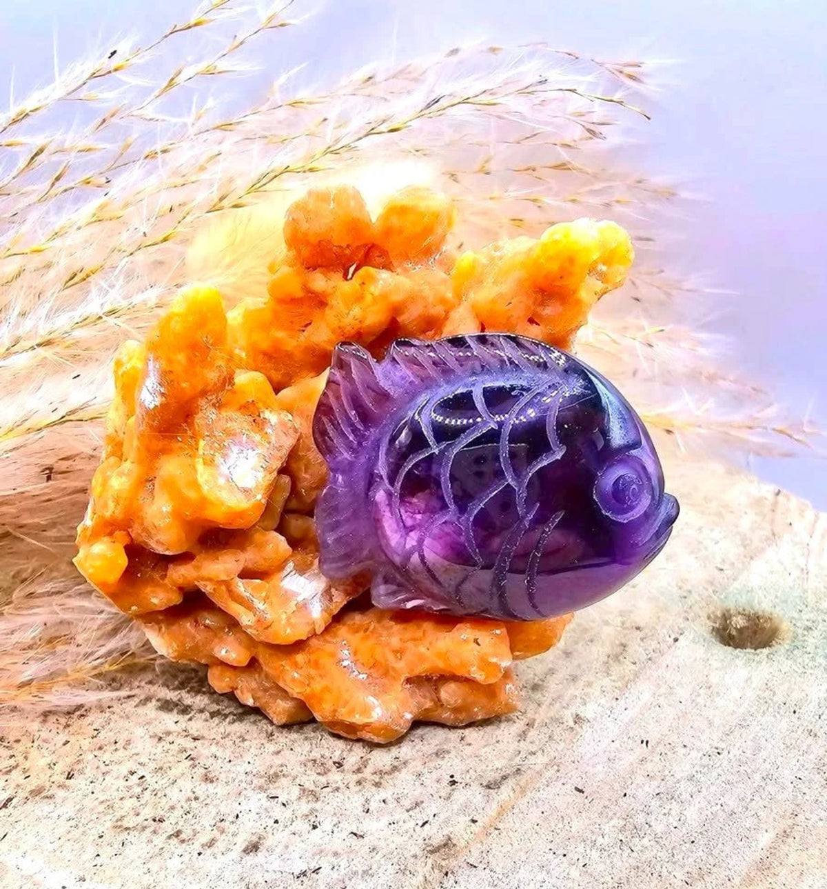 Natural Stalactite Calcite Cluster With Amethyst Fish Decor HD