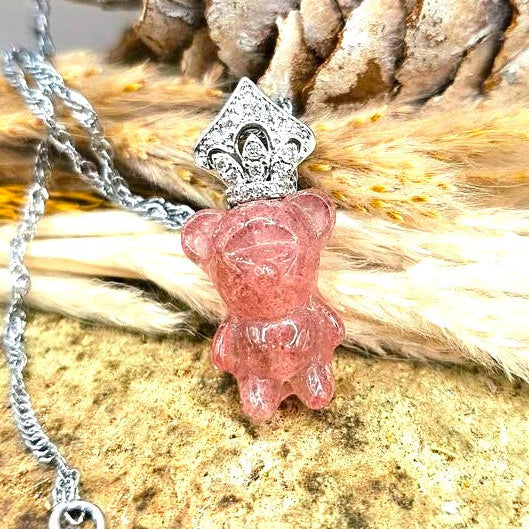 Hand‑carved strawberry quartz standing bear pendant with silver‑tone crown on adjustable 18–20 inch chain- My Aura Gemstones