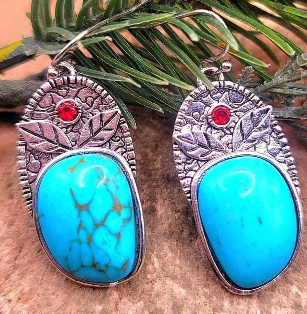 Silver Tone Turquoise Accent Howlite Earrings HD