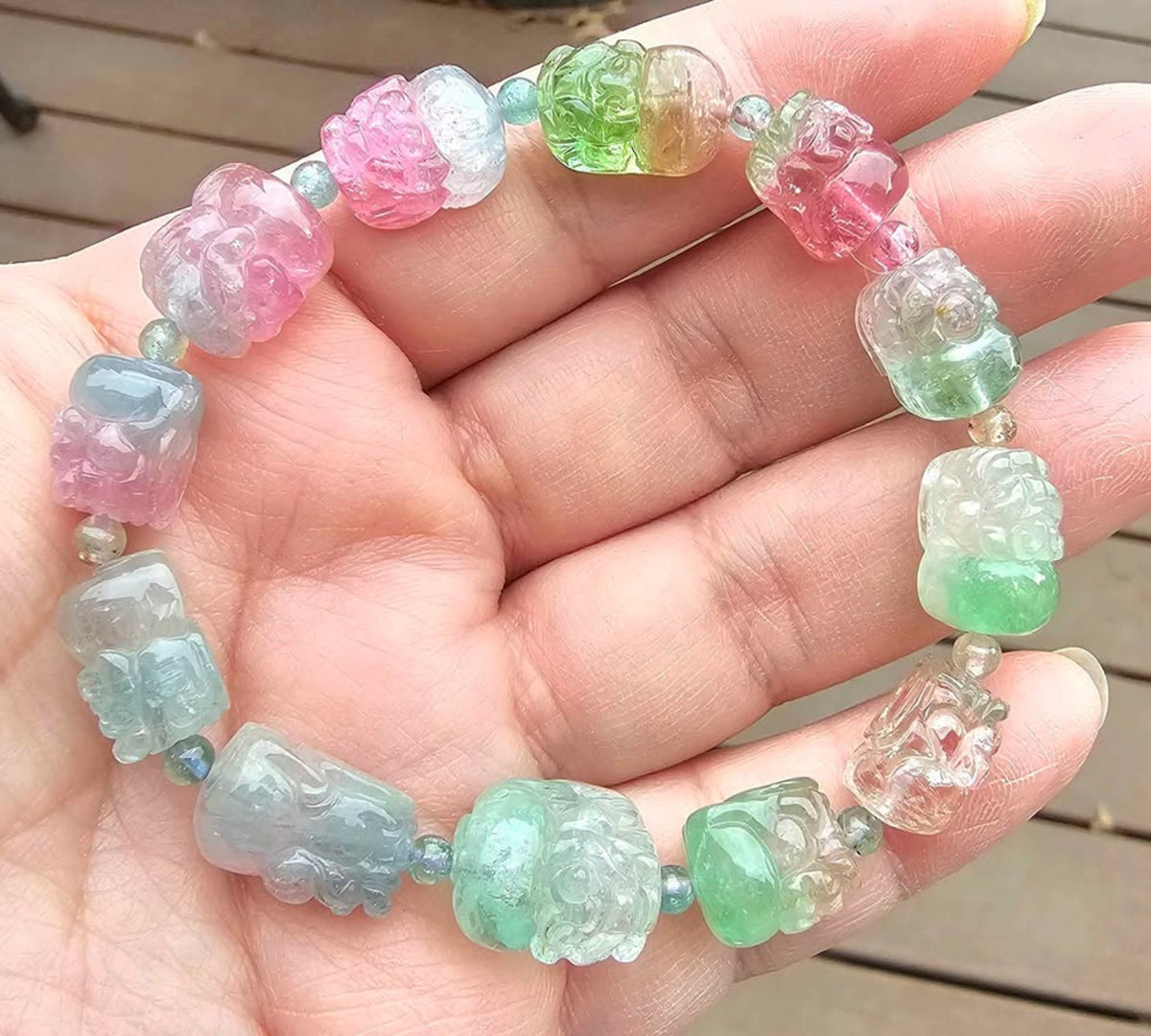 Premium Grade Natural Watermelon Tourmaline Hand Carved Pixiu Bracelet