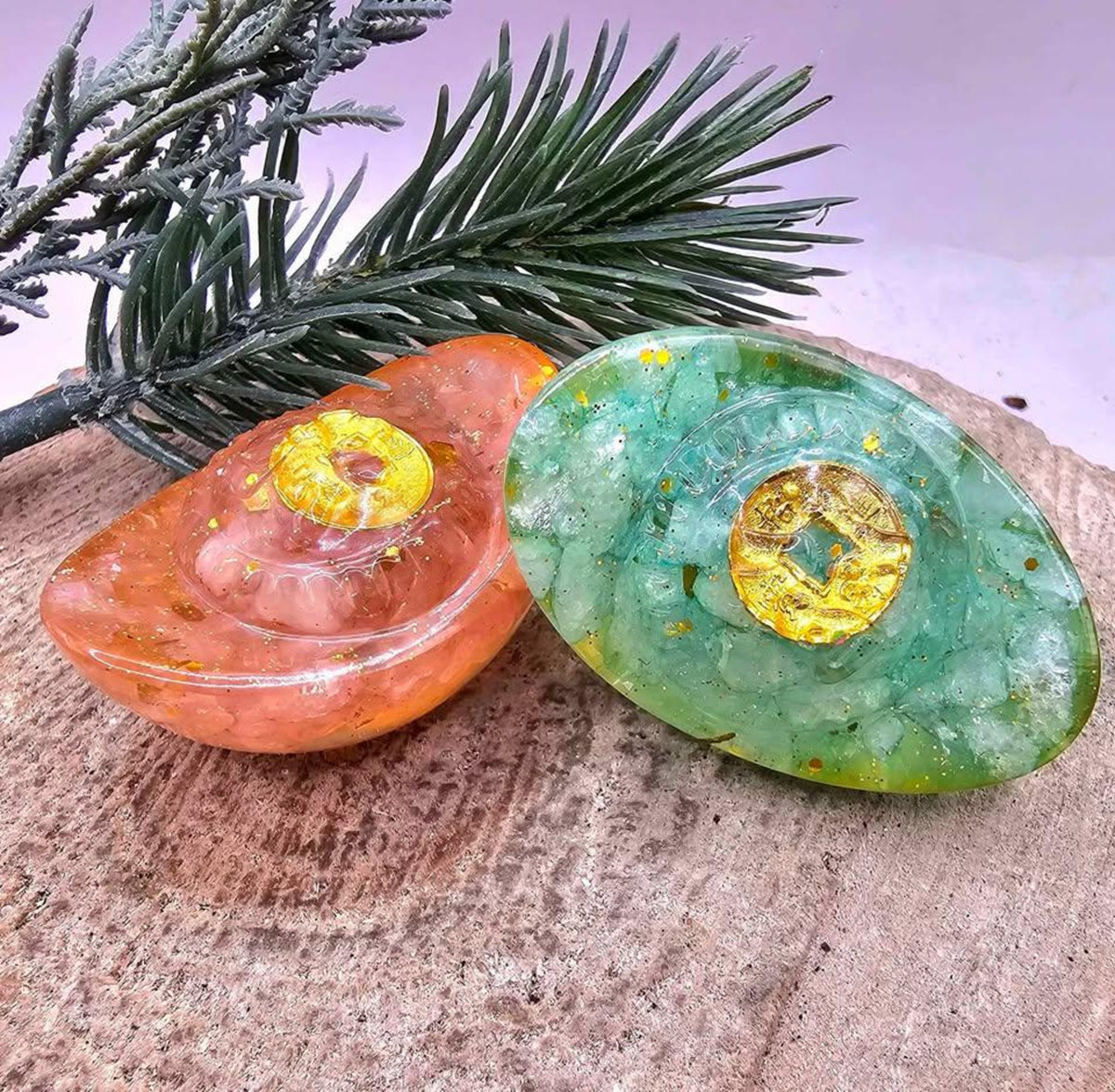Crystal Chip Resin Yuanbao Gold Ingot Feng Shui Decor Set HD